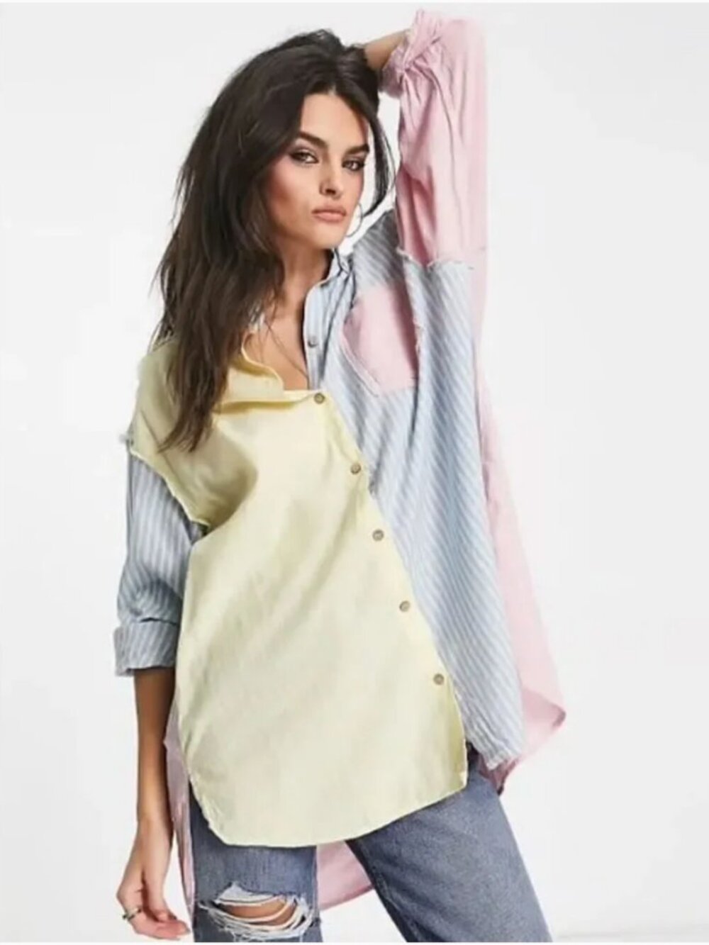 Free People Rags to Riches Pink Blue Striped Oversized Button Down